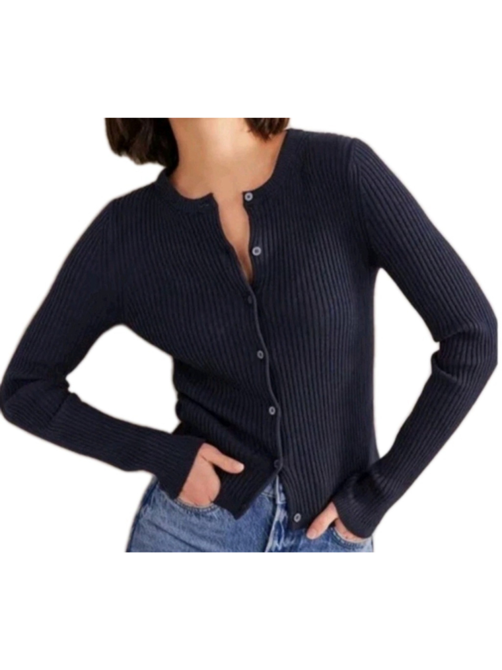 Boden Ribbed Detail Cardigan Womens Small Navy Blue Cotton Blend Sweater